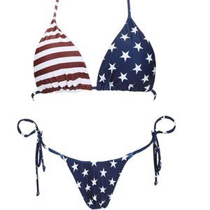 Halter Thong Bikini Tie Two Sides Bottom USA Flag
